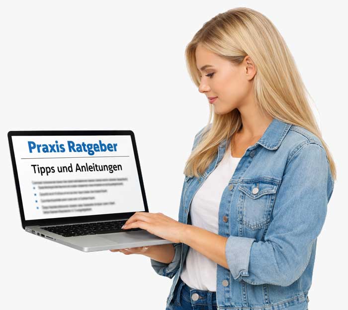 Junge Frau liest Ratgeber am Laptop